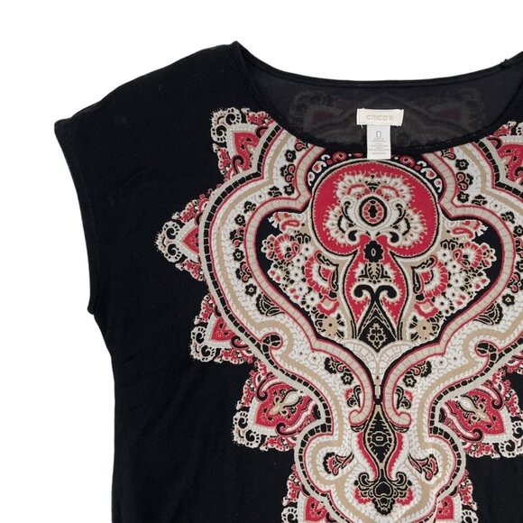 Chico's Black Medallion Leila Cap Sleeve Mesh Nylon Shirt Womens Small Casual - Picture 2 of 7